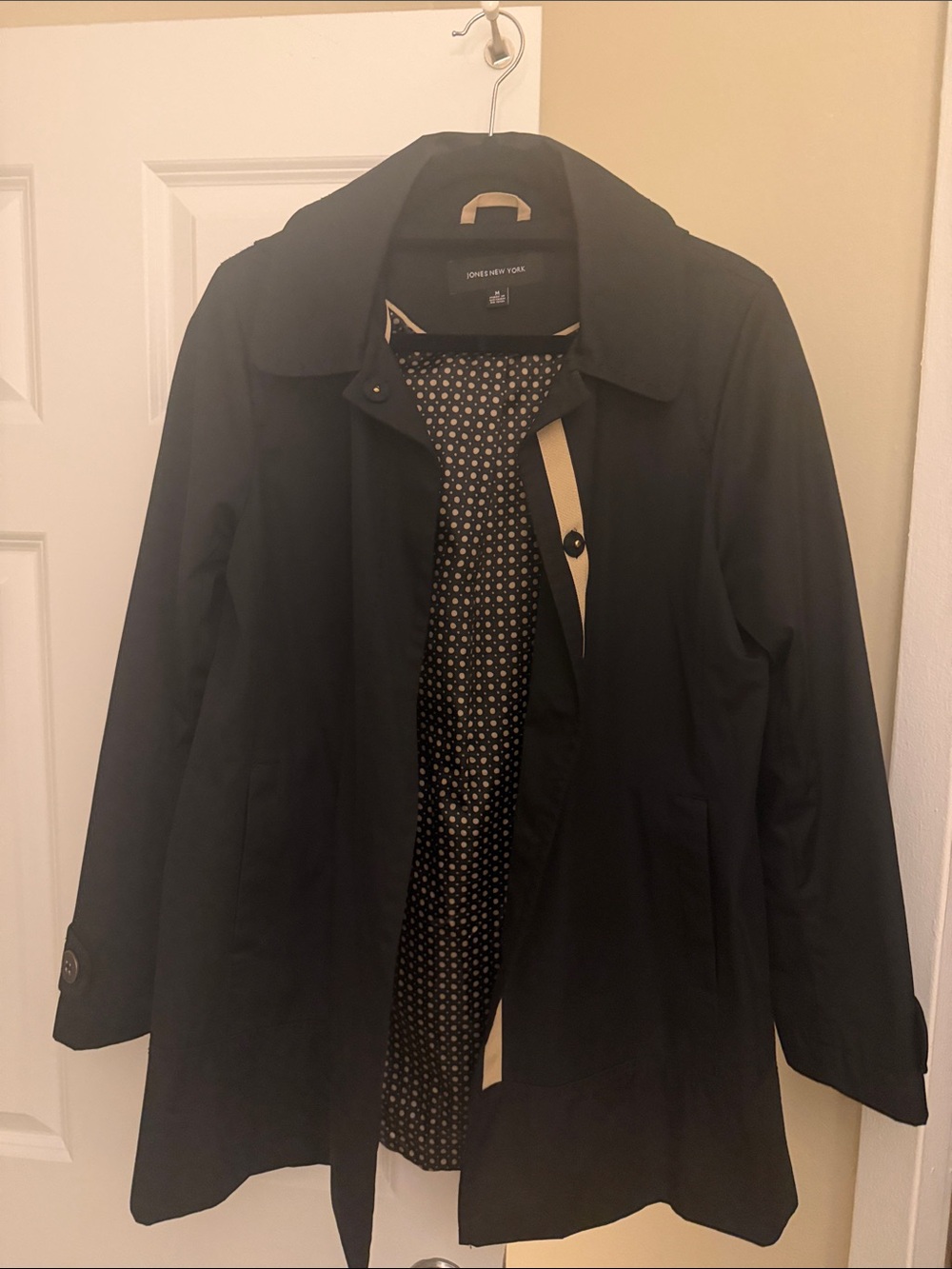 Jones New York Black Trench Coat with Patterned Lining and removable hood